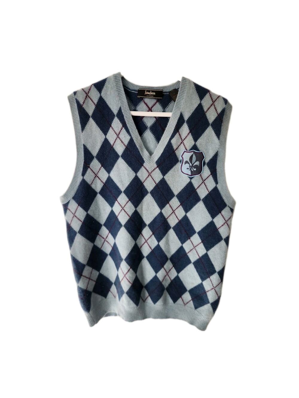 Neiman Marcus Argyle Print 100% Cashmere Blue Sweater Vest Men's Size XL Preppy